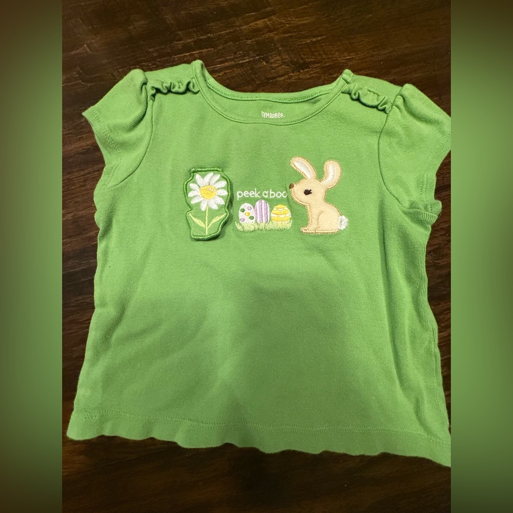 Vintage Gymboree Green Tee with Peekaboo Bunny Floral Design